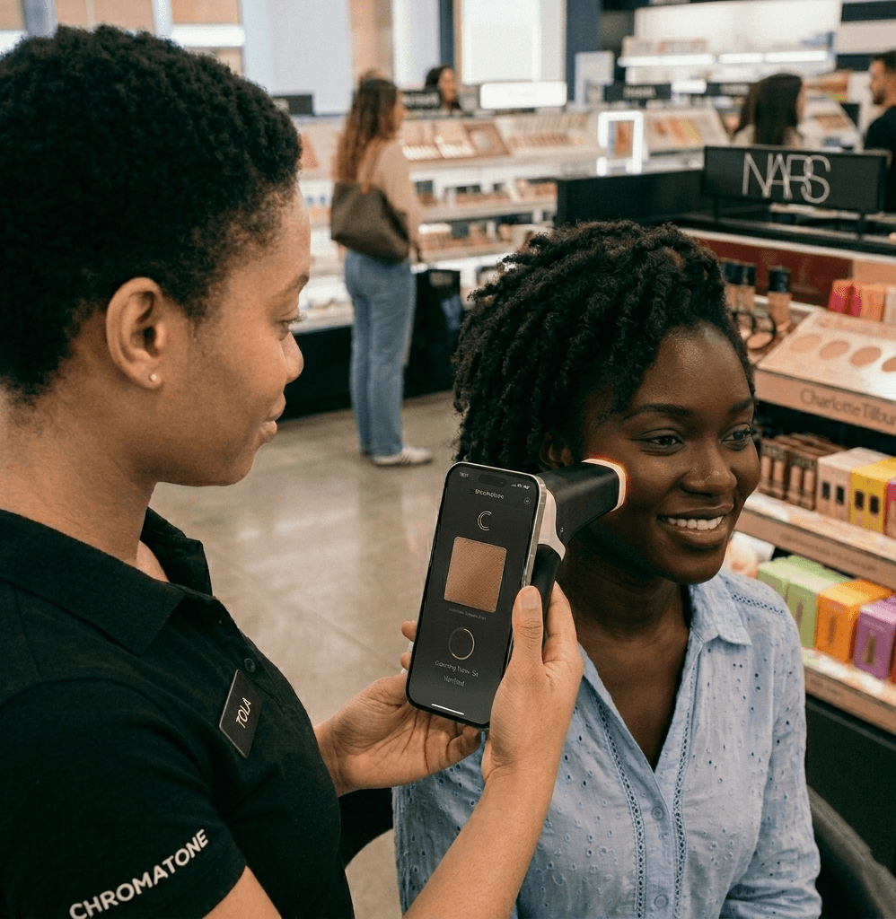 A Chromatone associate scanning a customer's cheek with a spectrophotometer in a beauty store